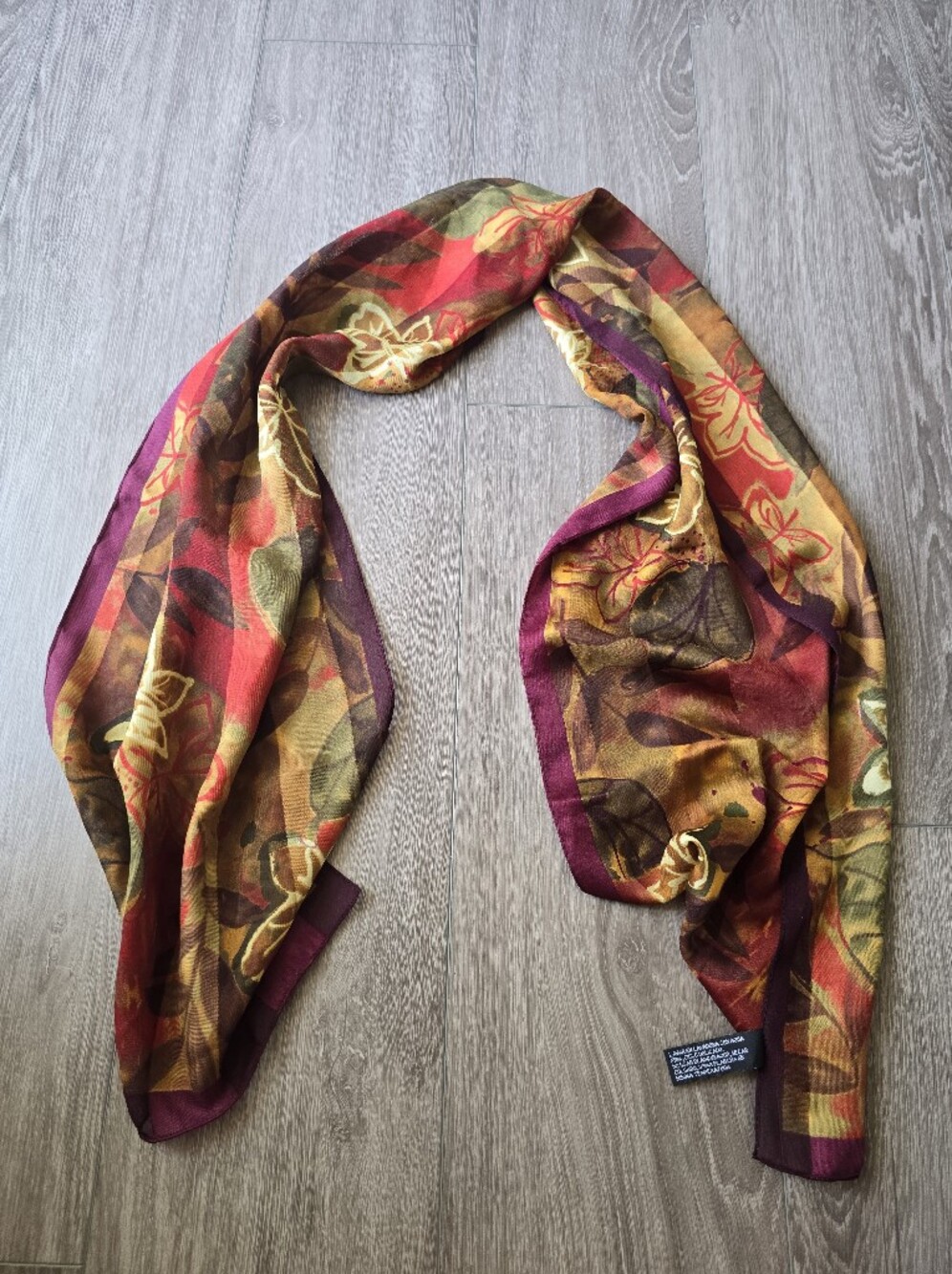 Autumn Leaf Sheer Scarf Oblong Fall Colors Burgundy Rust Gold Green Lightweight
